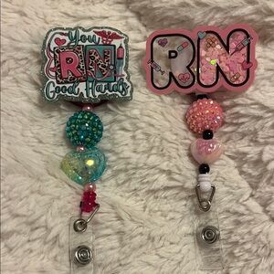 Pink & Teal RN Badge Reel Pair — Cute Heart Nurse Badge Holders